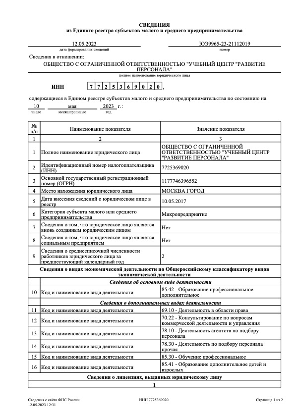 Сведения из Единого реестра субъектов малого и среднего предпринимательства