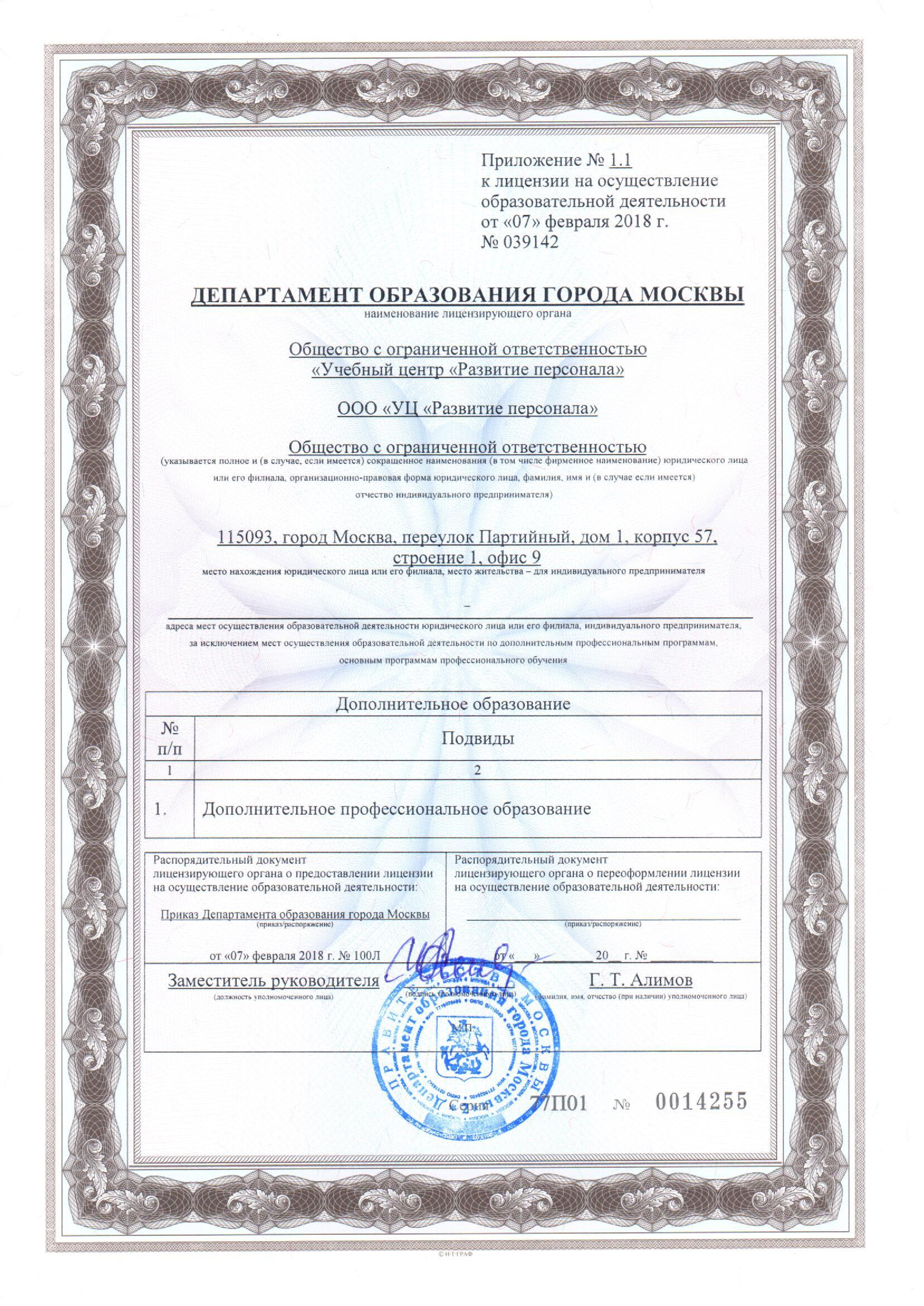 Приложение к лицензии